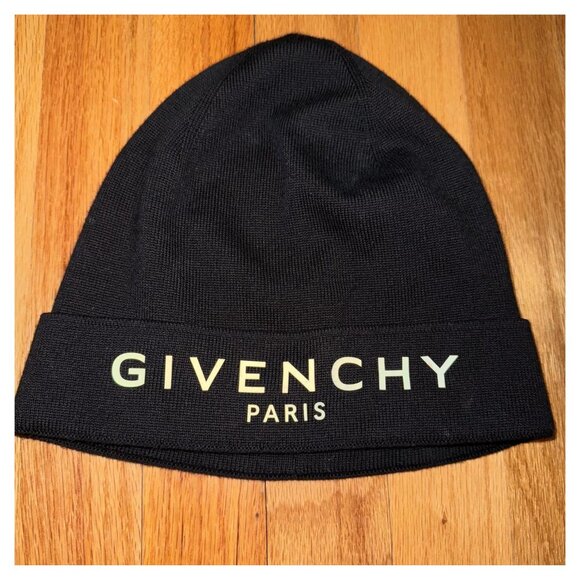 Givenchy Paris Black Logo Cashmere Cotton Blend Beanie Hat - Picture 1 of 4